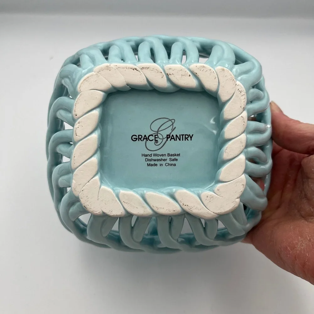Grace Pantry Blue Ceramic Hand Woven Basket‎ Candy Dish Trinket Bowl